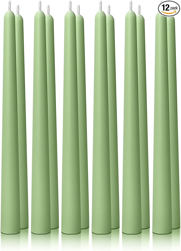10" Classic Taper Candles, Spring Green, 12-Pack, 7-8 Hours Long Burning, Unscented Tall Candlesticks