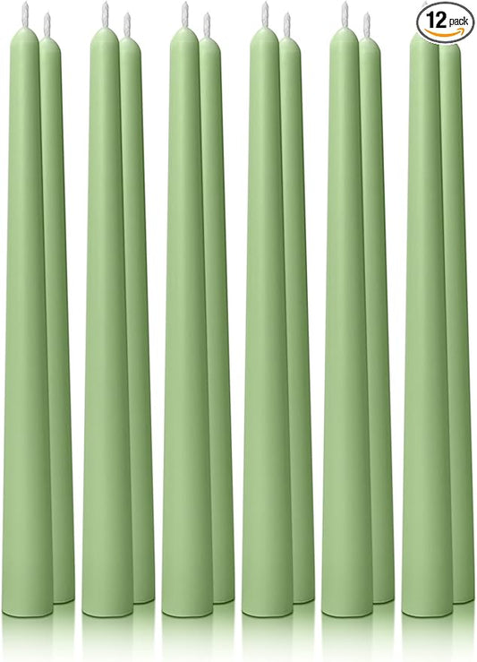 10" Classic Taper Candles, Spring Green, 12-Pack, 7-8 Hours Long Burning, Unscented Tall Candlesticks