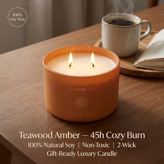 Hidden Label Teakwood Amber Soy Candle, 10oz 2-Wick, 45H Woody Warmth | Non-Toxic Phthalate-Free Vegan Wax | Earthy Amber Cedar Musk | Even Melt No Tunneling | Home Office Living Room Gift for Men