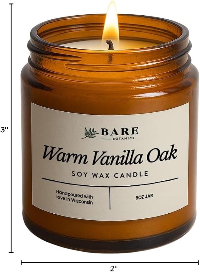 Bare Botanics Non-Toxic Warm Vanilla Oak 9oz Soy Candle - 100% Plant-Based Fragrance Oils - Handpoured in WI - 40+ Hrs