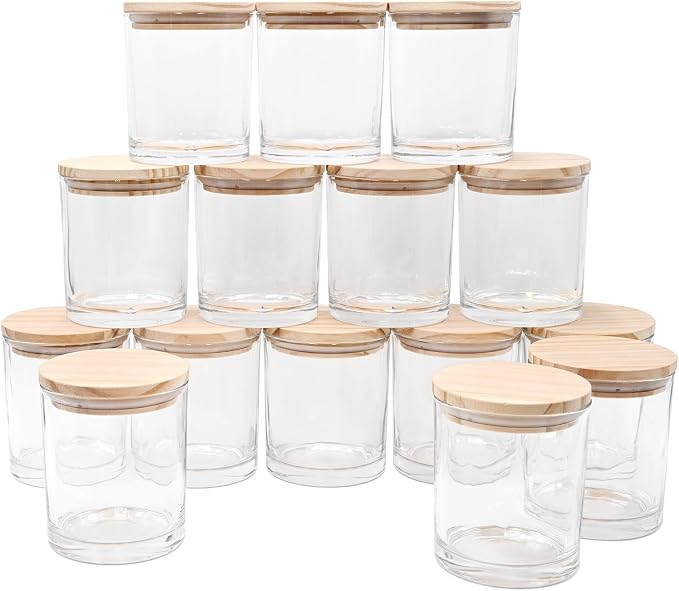 SHOWIN 10 OZ Thick Candle Jars for Making Candles 15 Pcs, Empty Jars with Wood Lids for Candle Making, Sample Container, Clear