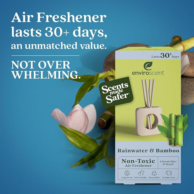 Enviroscent Non-Toxic Air Freshener Scent Stix™ & Stand Kit - Liquid-Free Diffuser Kit - Includes Mango Wood Stand & Scent Stix™ Refill - Fragrance Lasts Up to 30 Days - Rainwater & Bamboo