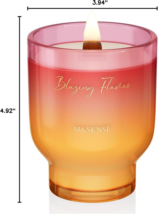 M&SENSE 16.6oz Natural Soy Large Jar Candle with Wooden Wick | Blazing Flames Scent | 95-Hour Burn & Long-Lasting Burn | Housewarming Gift for Men and Women
