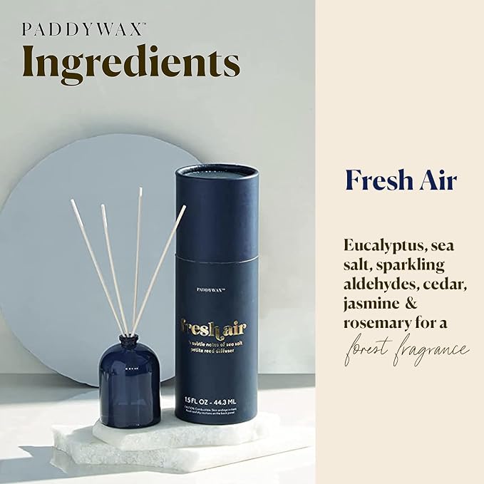 Paddywax Petite Reed Diffuser Set with Wooden Reeds, 720 Hour Long Lasting Home Fragrance Oil Diffuser, Decorative Milky Glass Bottle, Fresh Air Scent, Navy, 1.5 oz