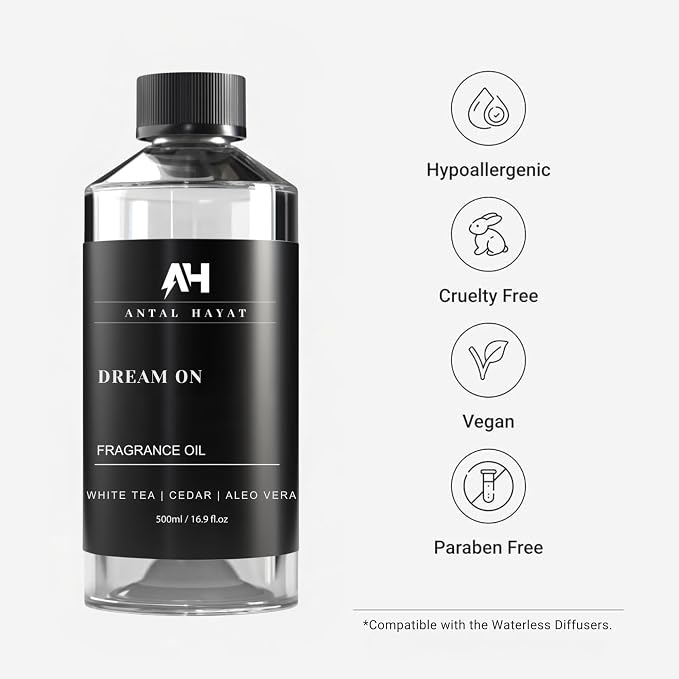 Dream on Essential Oil Scent 500mL - Luxury Home Aromatherapy Diffuser Oil - Formulated with Hints of Bright White Tea, Sweet Vanilla, & Earthy Cedar - Inspired by One Hotel Miami Beach