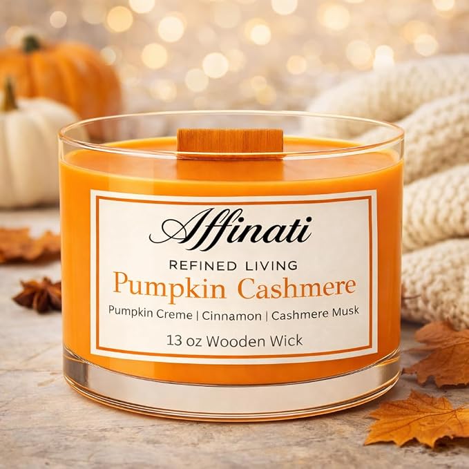 Affinati Pumpkin Cashmere Wooden Wick Candle – Luxury Wooden Bowl, 13 oz