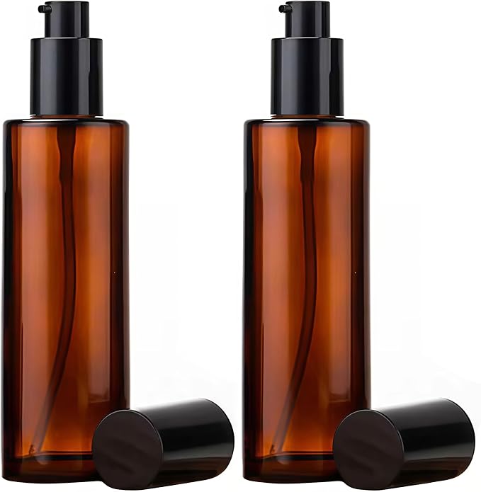 2 PCS 100/3.4oz Amber Glass Travel Bottles with Black Pump, Leakproof Lotion Dispenser for Essential Oil, Cream, Shampoo, Body Wash & Travel Toiletries