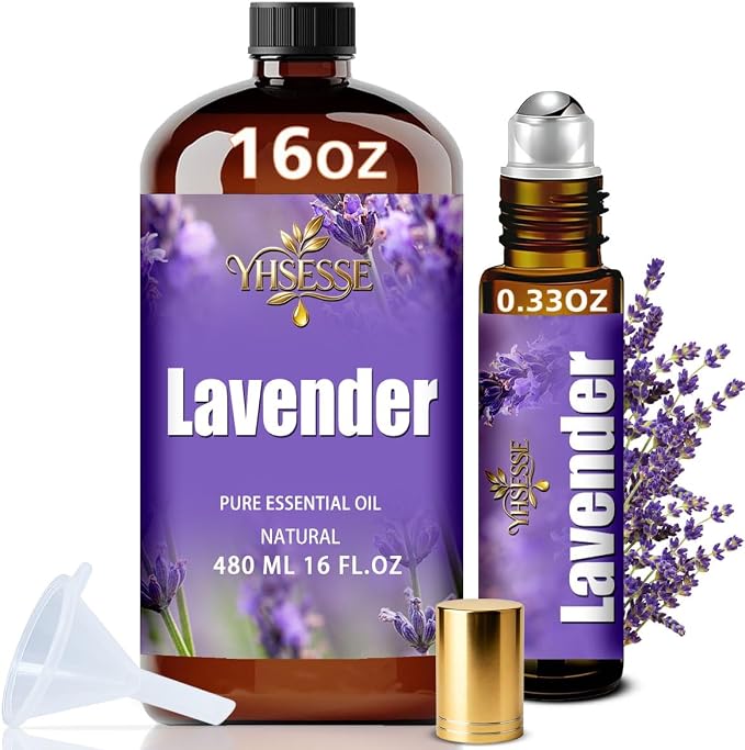 Lavender Essential Oil, Lavender Oil 16 Fl Oz 480ml for Diffuser Yoga Soap & Candle Making – with 0.33 Oz Roller Ball & Funnel YHSESSE Essential Oils