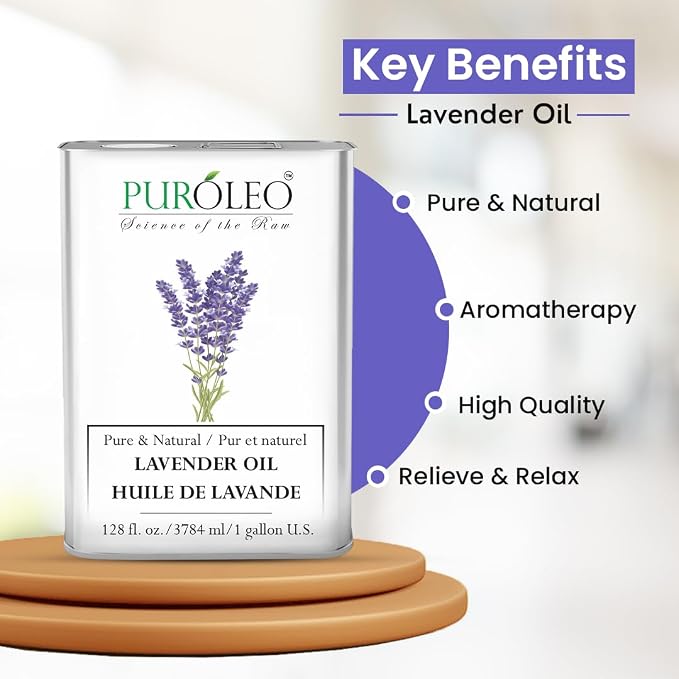 PUROLEO Lavender Essential Oil 128 Fl Oz/3785 ML (Packed in Canada) 100% Pure Natural Undiluted Cold Pressed for Aromatherapy Therapeutic Grade Aromatherapy Oil for Sleep…