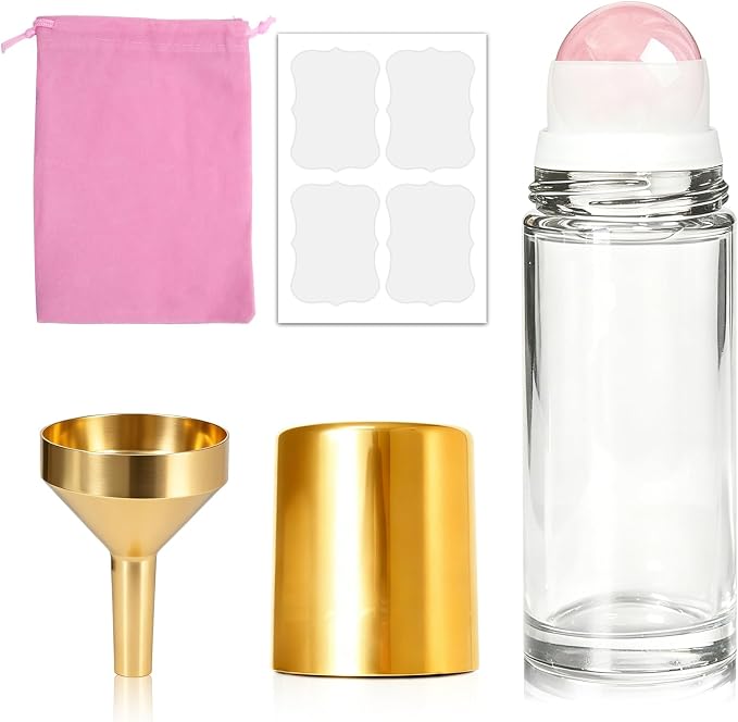 Cocurb 1oz Rose Quartz Roller Bottle for Essential Oils Perfume Skincare DIY,Refillable Leak-Proof Clear Glass Roll on Bottle Empty Deodorant Containers with Gold Cap&Storage Bag