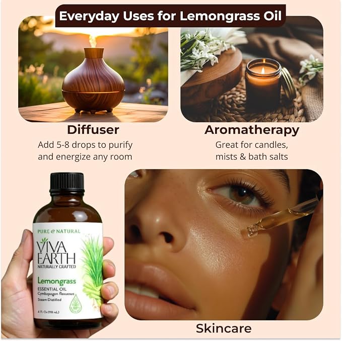 Lemongrass Essential Oil – 100% Pure and Natural Lemongrass Essential Oil for Diffuser, Aromatherapy, Citrus-Fresh Aroma for Hair and Skin Care, Soap and Candle Making – with Dropper, 4 oz