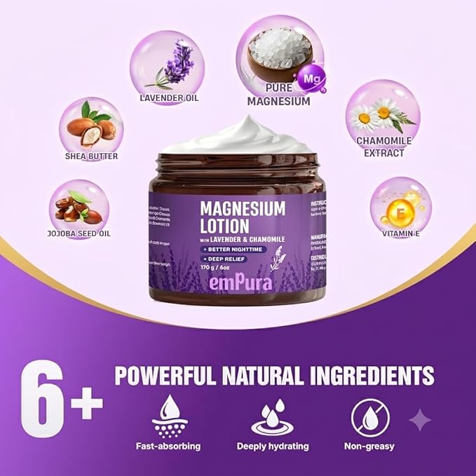 EMPURA Magnesium Lotion with Lavender & Chamomile – Fast Absorbing Magnesium Cream for Relaxation & Muscle Relief, Hand Leg or Foot Lotion, Self Care Gifts for Women, Relaxing Gifts for Women (6oz)