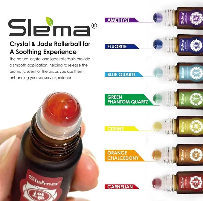 Slema 7 Chakra Essential Oil Roll-On Gift Se – 7 x 10ml Crystal & Jade Rollerballs for Mindfulness, Relaxation & Daily Self Care Rituals (7 x 10ml-Essential Oil Roller Sets)