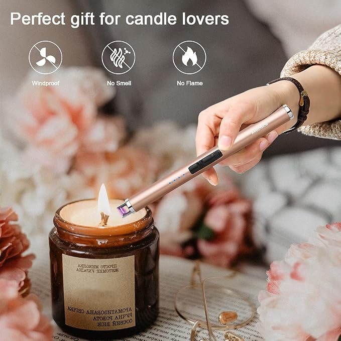 ARECTECH Rechargeable Electric Candle Lighter, Arc Plasma Windproof Lighter for Candle Kitchen Birthday, Christmas Stocking Stuffers Gifts for Mom Men Wife with Type-C Cable, Gold