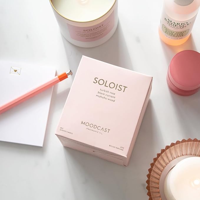 Moodcast Soloist Scented Candle - Aesthetic Candle for Home, Turkish Rose, Black Current & Wood, Clean Coco Wax Blend, Vegan, Paraben Free, 45-Hour Long Lasting Burn - 8oz