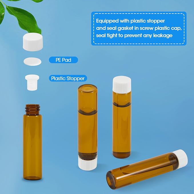 25PCS 7ml Amber Glass Vials with White Screw Caps and Plastic Stoppers, 2 Dram Leak-Proof Small Liquid Sample Bottles for Essential Oils, Perfumes, Reagents