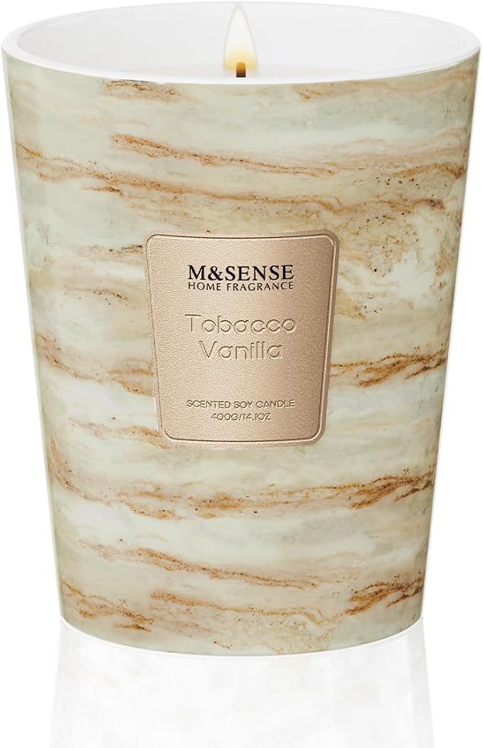 M&SENSE Tobacco Vanilla Scented Soy Candle, 3 Wick Highly Scented 14.1 Oz 75H, Aromatherapy Christmas Gift for Women and Men