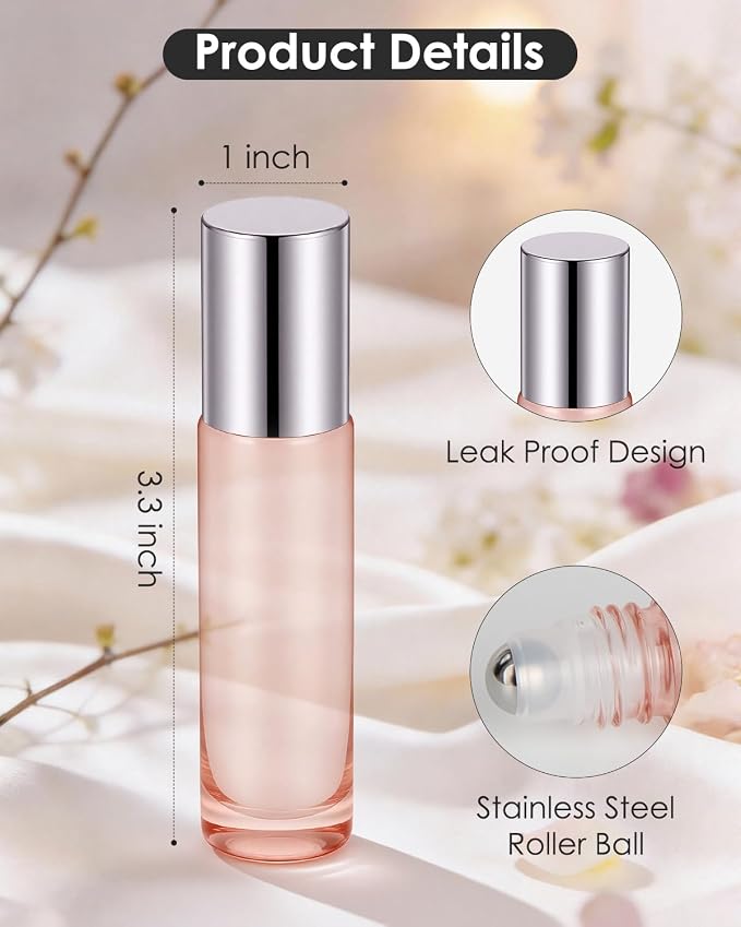 Worldgsb 4 Pack Essential Oil Roller Bottles, 10ml Refillable Glass Roller Bottles with Stainless Steel Roller Balls and Caps for Travel, Perfume and Lip Gloss Rose Gold