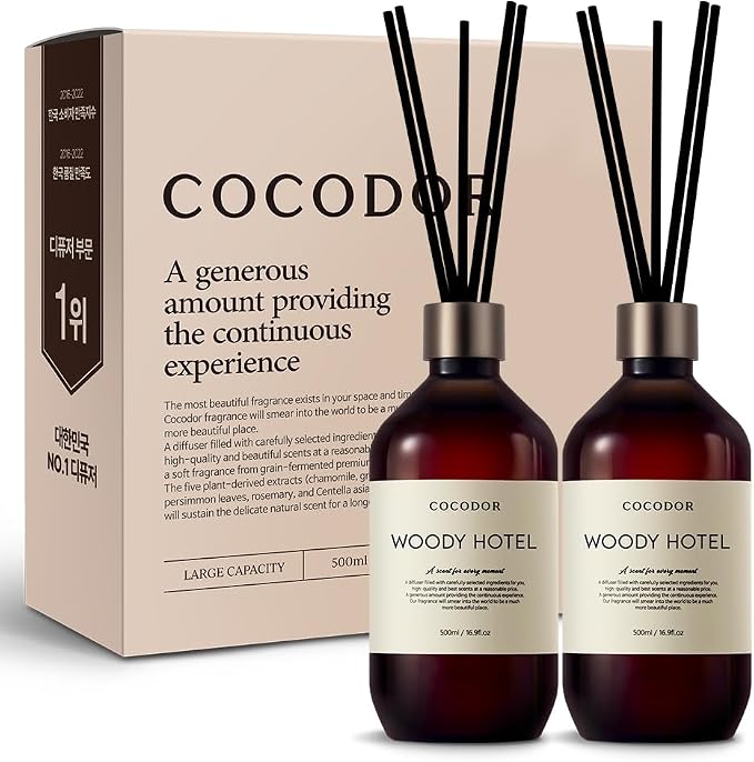 COCODOR Premium Reed Diffuser/Woody Hotel /16.9oz /2 Pack/Large Capacity Fragrance Scent Oil Stick Diffuser Set for Bedroom Bathroom Home Décor