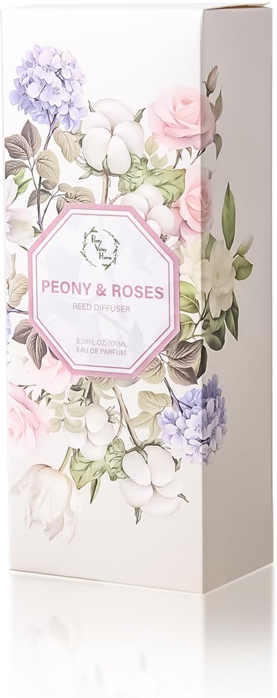 Reed Diffuser Set, 3.4 fl oz - Elegant Home Fragrance with 5 Sticks - Long-Lasting Scented Oil Diffuser for Bedroom, Bathroom Shelf Decor & Living Room (Peony & Roses)