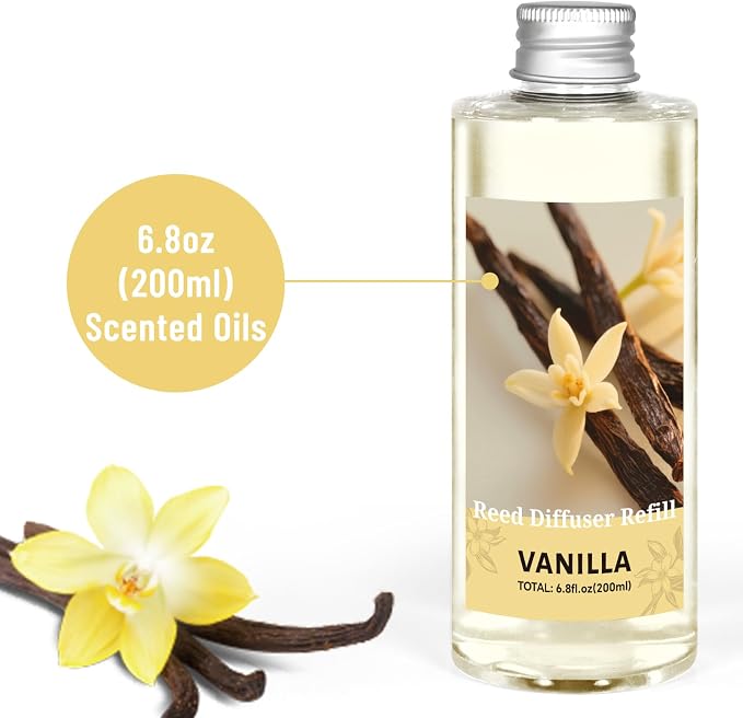 STRN Reed Diffuser Oil Refill, Vanilla Scented Diffuser Oil Refills with 6 Reed Sticks 200ML(6.8fl.oz), Room Fresheners for Home, Long-Lasting Summer Fragrance for Living Room, Bedroom, Office