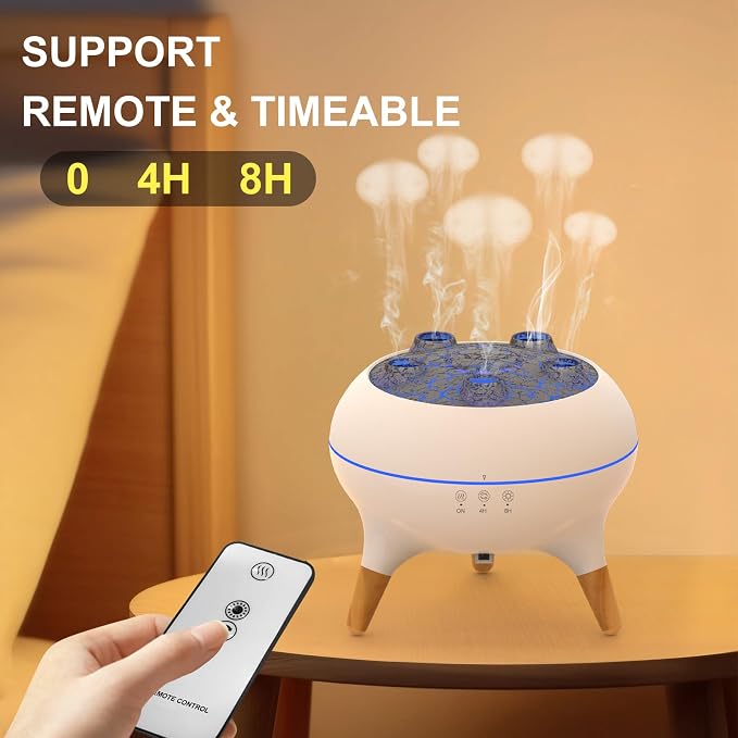 Jellyfish Essential Oil Diffuser, 5-Nozzle Ultrasonic Aromatherapy Humidifier with Sound-Reactive Mist, 250ml, 7-Color LED, Remote, 4H/8H Timer, Auto-Off for Home, Bedroom, Office