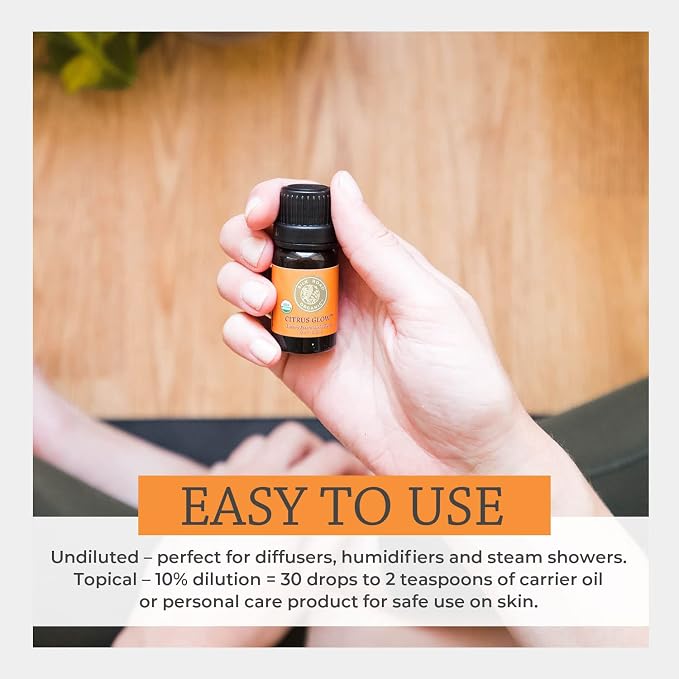 Silk Road Organic Citrus Glow Essential Oil Revive Blend for Stress, Energy & Focus | USDA Certified Citrus & Vanilla - 10 ml Dropper