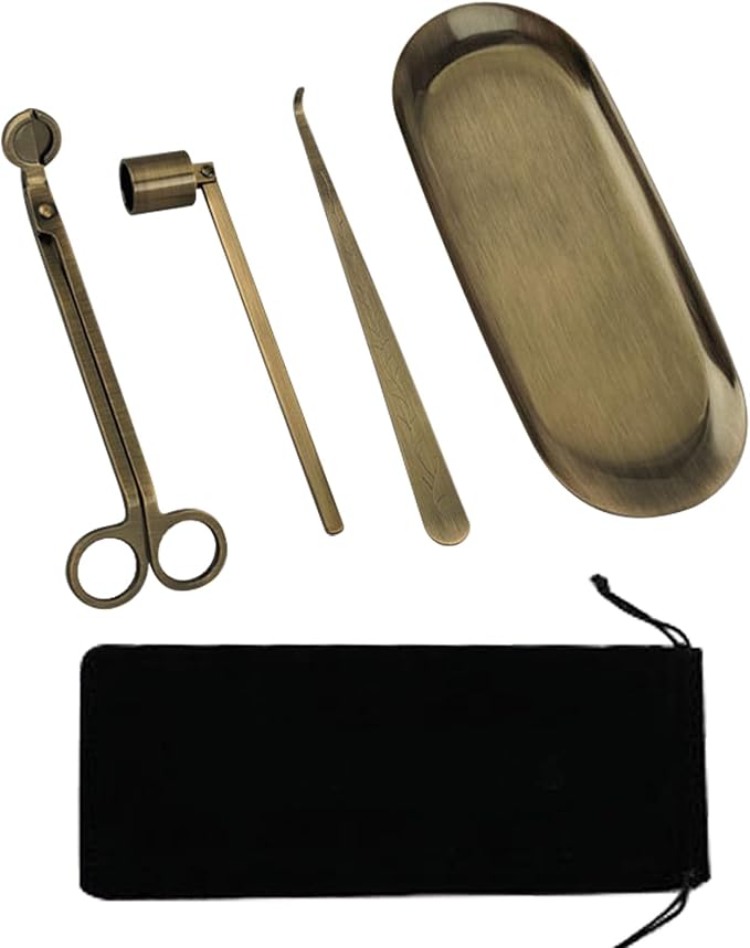 4 in 1 Candle Accessory Set, Candle Snuffer, Candle Wick Cutter, Candle Dipper, Storage Tray Plate, Candle Care Kit with Velvet Pouch for Candle Lover (Bronze)