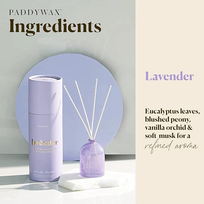 Paddywax Petite Reed Diffuser Set with Wooden Reeds, 720 Hour Long Lasting Home Fragrance Oil Diffuser, Decorative Milky Glass Bottle, Lavender Scent, Lilac, 1.5 oz