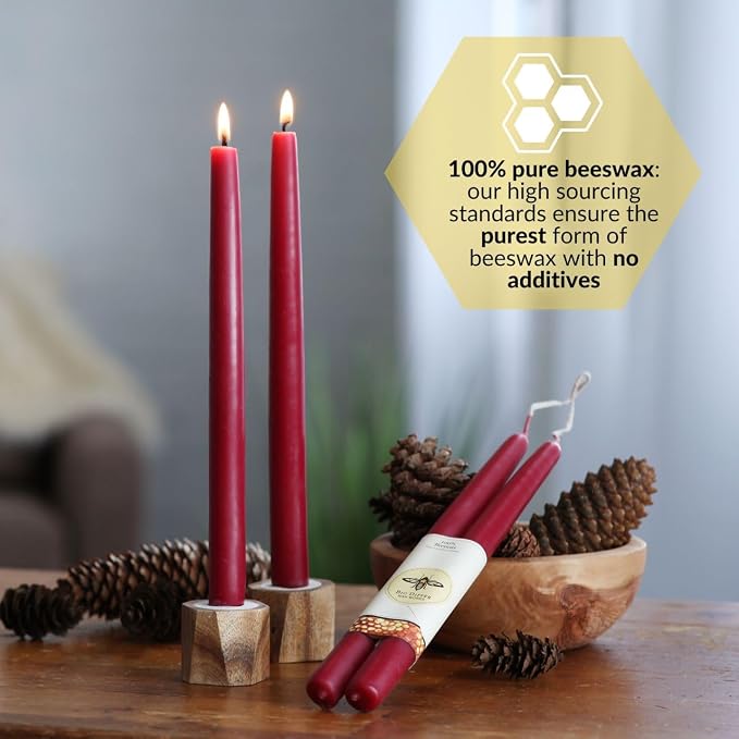 Big Dipper Wax Works Red Hand-Dipped Beeswax Taper Candles – 12” x 7/8”, 2-Pack, 100% Pure Beeswax, Long Burning, Clean, Cotton Wick, Handmade in USA, Home Décor & Wedding Candles