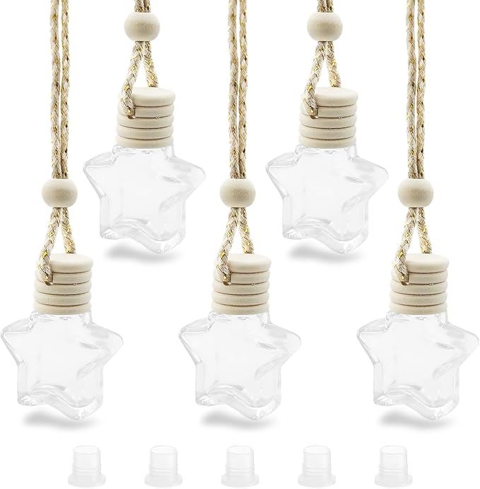 5 pcs Car Hanging Empty Glass Perfume Bottles Pendant Bottle, DIY Air Freshener Pendant, Empty Clear Glass Essential Diffuser Oil Aromatherapy, Glass Bottle Decor (Five-Pointed Star)