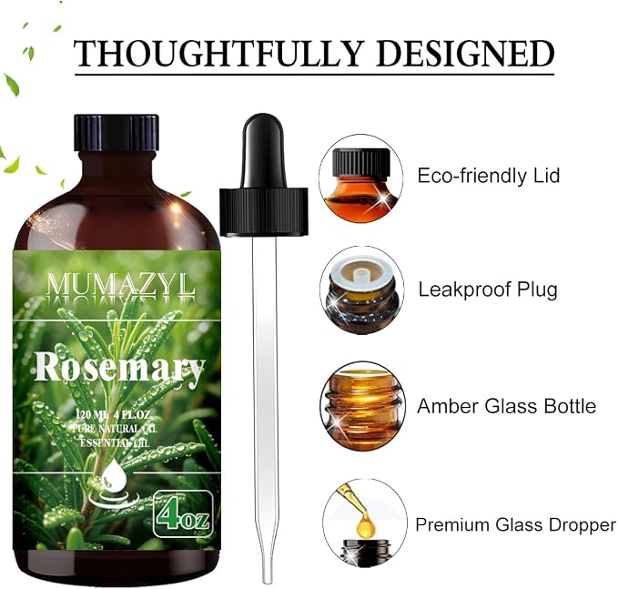 Rosemary Essential Oil, Rosemary Oil 4 Fl Oz 120ML for Diffuser Humidifier Yoga Cleaning DIY Candle Soap Making MUMAZYL Essential Oils