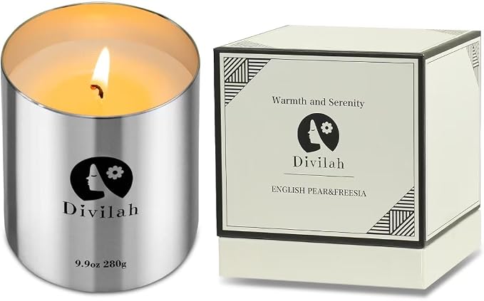 English Pear&Freesia Scented Candles, 65 Hour Long Lasting Non Toxic Natural Soy Wax in Silver Aluminum Jar, Luxury Large Home Decorative Scented Candle, Aromatherapy Gift for Women, Men,9.9oz