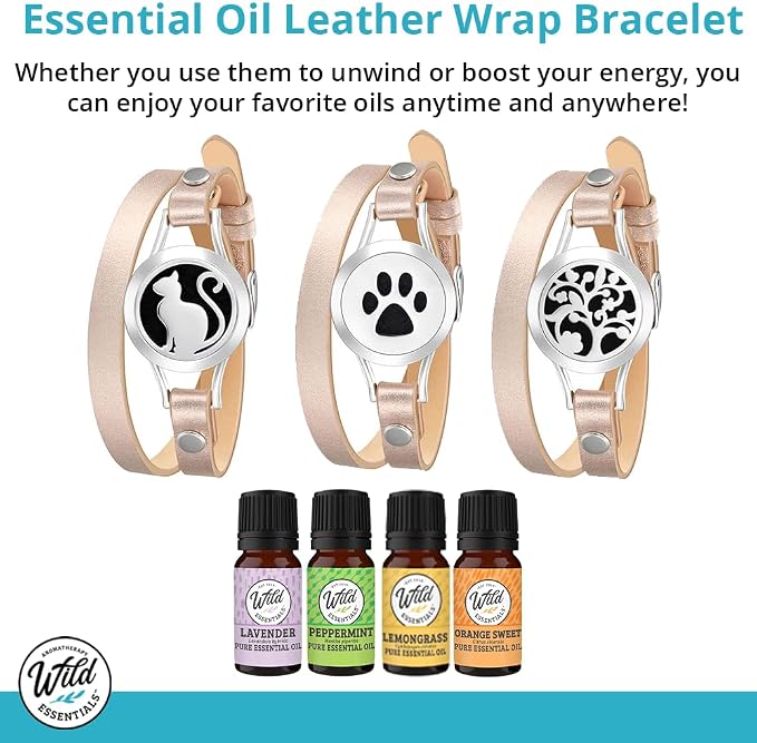 Wild Essentials Jack Skullington Essential Oil Leather Wrap Bracelet Diffuser Gift Set, Lavender, Lemongrass, Peppermint, Orange Oils, 12 Pads, Customize Color Changing Perfume Jewelry, Aromatherapy