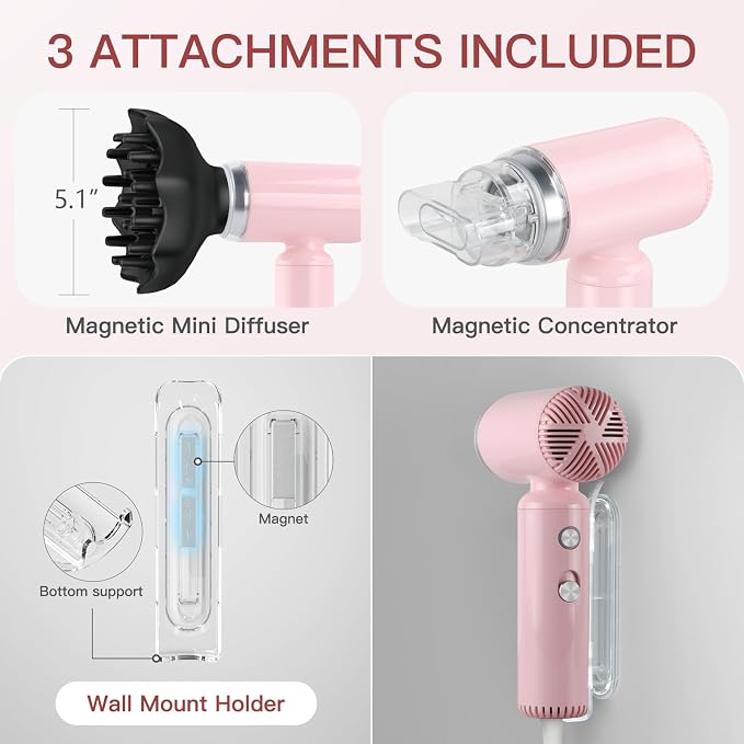 Webeauty Mini Hair Dryer with Diffuser, 110,000RPM High-Speed Motor, 200M Negative Ions Protect, 3-Temp & 2-Speed Settings, Lightweight Travel-Friendly Blow Dryer with Magnetic Attachments (Pink)