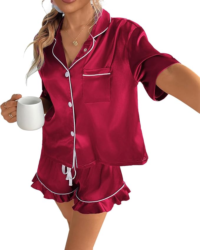CHYRII Women's Silk Satin Pajamas Two Piece Pj Sets Short Sleeve Tops Ruffled Shorts Sleepwear with Magnetic Diffuser