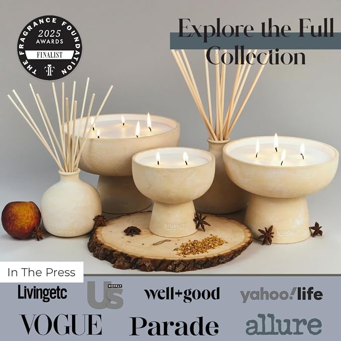 Blueme Calm Candle | Osmanthus & Sandalwood | 4 Wick - Refillable Wellness Candle with Essential Oils, Hand Finished & Poured Soy Wax Blend Ceramic Vessel, Natural Cotton Wicks | Large 24 oz
