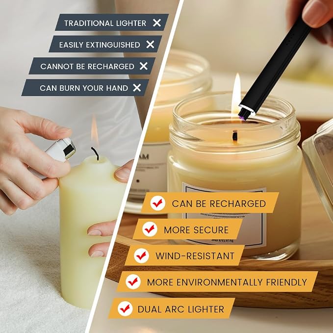 Windproof Flameless Long Candle Lighter with Dual Arc, USB Rechargeable Lighter for Candles, Grill and Fireworks