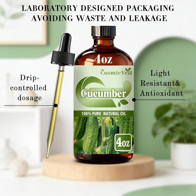 Cucumber Essential Oil Cucumber Oil for Aroma Diffuser,Humidifier,Home Fragrance,Cleaning,Body Care,Massage,Yoga,DIY Candle,DIY Soap CosmicVeil（Cucumber，4 Fl Oz (Pack of 1)）