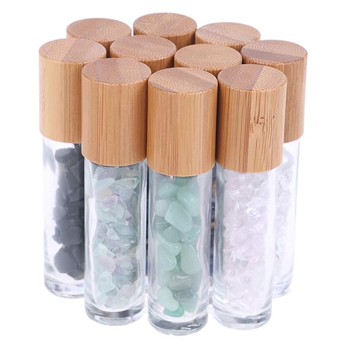 5 Pack 10ml Clear Roll On Bottles With Natural Chakra Crystal Chips for Essential Oils,Perfume Glass Roller Bottles Container Bamboo Lid,Crystal Roller,Pipette&Opener Included (Green Aventurine)