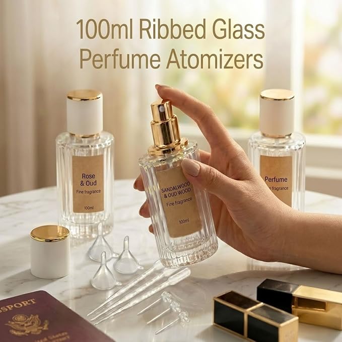 100ml Empty Perfume Spray Bottles, 3 Pack Ribbed Glass Atomizer Bottle Refillable Portable Glass Atomizers with Funnel and Dropper, Fine Mist Spray for Women Men Dispenser Fragrance Container Set