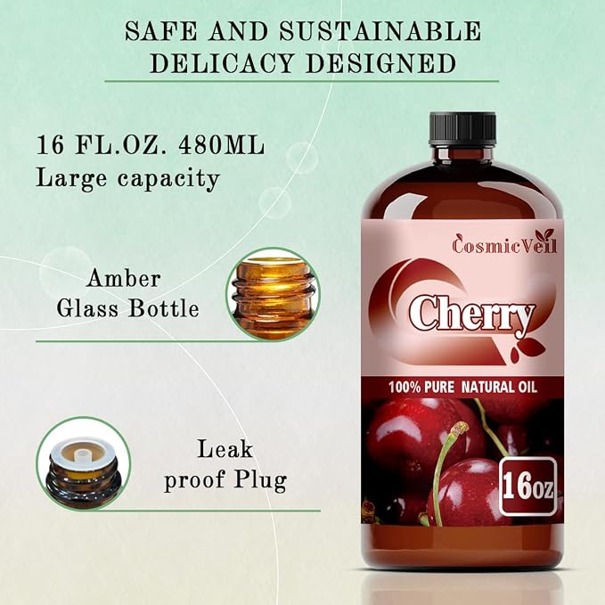 Cherry Essential Oil Cherry Oil for Aroma Diffuser,Humidifier,Home Fragrance,Cleaning,Body Care,Massage,Yoga,DIY Candle,DIY Soap CosmicVeil（Cherry，16 Fl Oz (Pack of 1)）