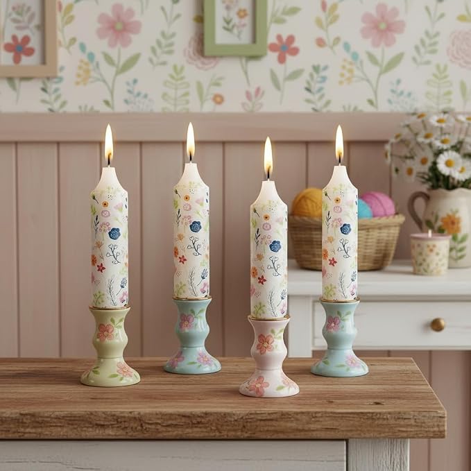 5 inch Short Candle Floral Candle Sticks Kawaii Printed Candlestick Handmade Unscented Taper Candle 4 Pack Cute Flower Tapered Candles for Birthday Home Dinner Wedding Holiday