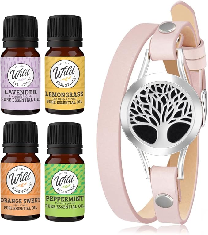 Wild Essentials Tree of Life Essential Oil Leather Wrap Bracelet Diffuser Kit, Gift Set, Lavender, Lemongrass, Peppermint, Orange Oils, 12 Pads, Customizable Color Changing Jewelry, Aromatherapy, Pink
