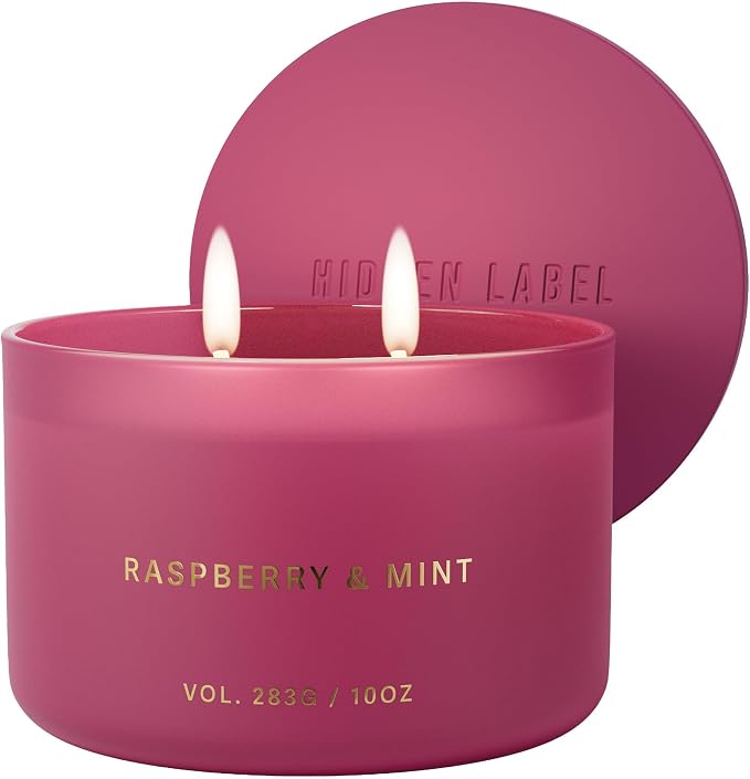 Hidden Label Raspberry Mint Pink Soy Candle, 10oz 2-Wick, 45H Clean Burn | Juicy Berry Cool Aromatherapy | Non-Toxic Vegan Phthalate-Free | Even Melt No Tunneling | Rose Frosted Reusable Gift Jar