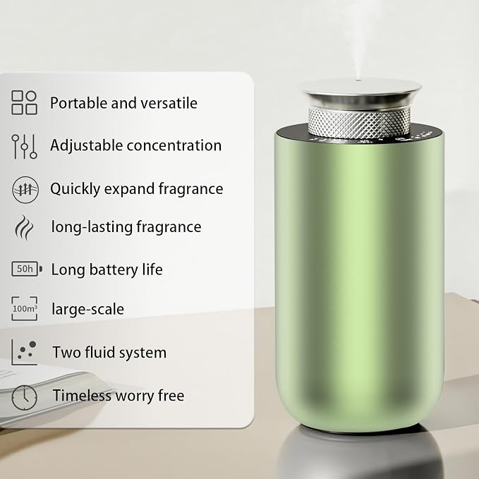 2026 Upgraded Rechargeable Waterless Car Scent Diffuser Kit, Includes 2 Premium Oils, Auto On/Off, 4 Mist Levels & Timers, Portable Aromatherapy Diffuser for Hotel,Home,Room,Studio,Office - Green