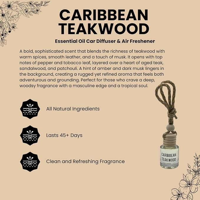 Caribbean Teakwood Hanging Car Air Freshener – Long Lasting Essential Oil Diffuser for Car, Closet, Bathroom – 2-Pack Natural Scent Deodorizer for men & women