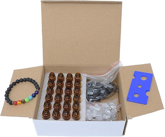 24pcs 5mL Roller (1.35 dram) Amber Glass Stainless Steel Roller Bottle 5cc Vial Small Essential Oil Bottle Travel Must + a 7 Chakra Lava Bead Bracelet for essential oil diffusing & insert removal tool