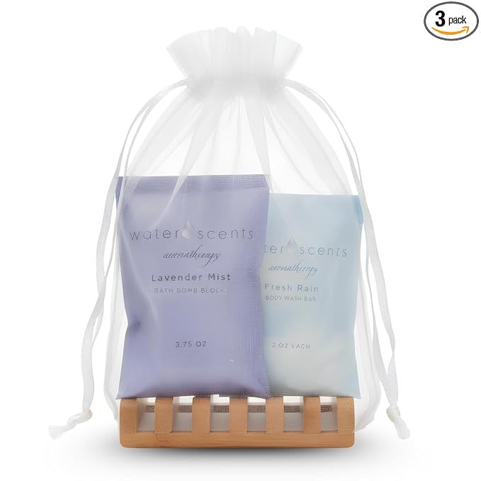 Water Scents Spa Gift Set Bundle for Women – Bamboo Bath Tray, Lavender Bath Block & Body Wash Bar – Relaxing Gift for Her, Self Care Set, Birthday Present, Bath Essentials for Home Use