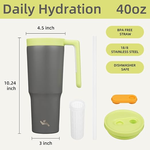 Konokyo Insulated Tumbler with Handle and Straw,40 OZ Vacuum Stainless Steel Water Bottle Travel Mug Metal Cup with Fruit Diffuser,Grey